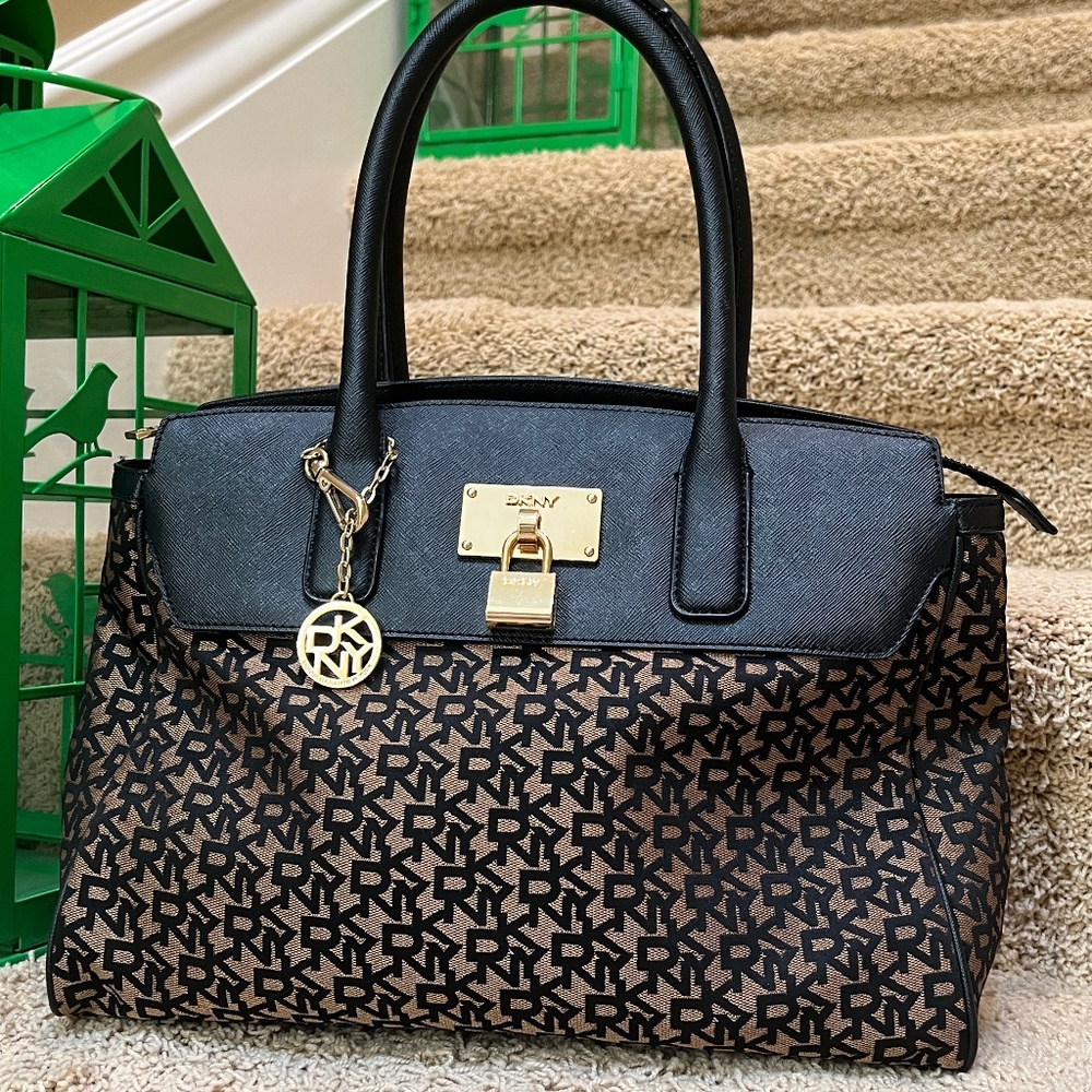 DKNY Black/Brown Signature Canvas and Leather Padlock Tote